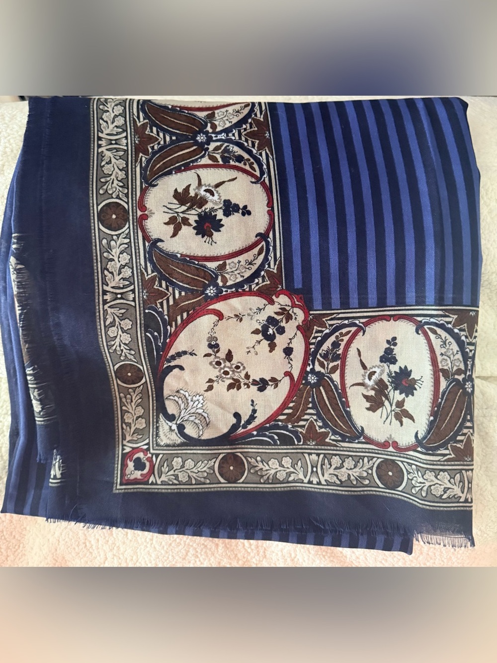 NWOT Vintage Floral Paisley Striped Large Pashmina Raw Edge Square Scarf